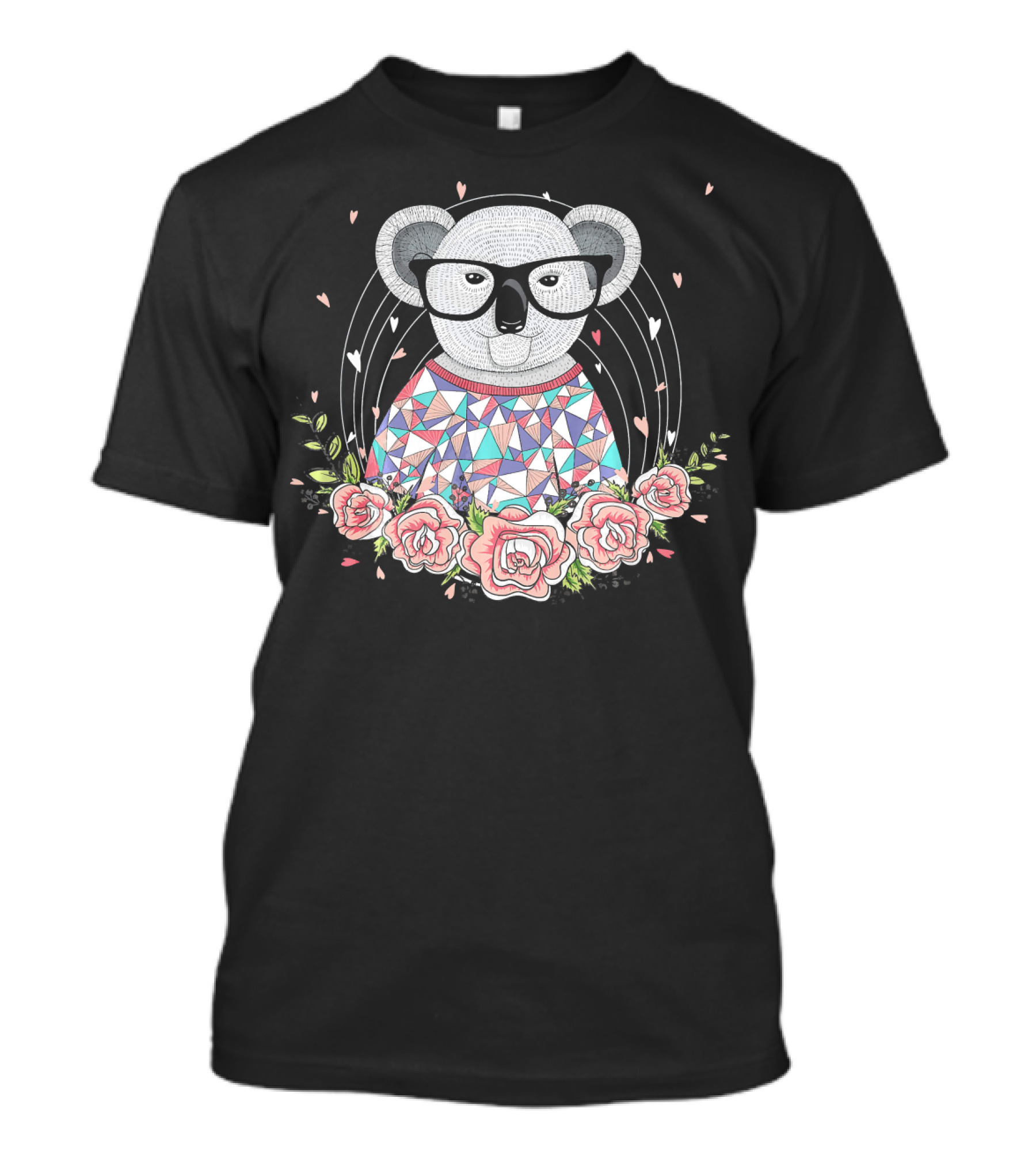 Hipster Koala With Glasses And Geometric Sweater Surrounded By Roses T-Shirt
