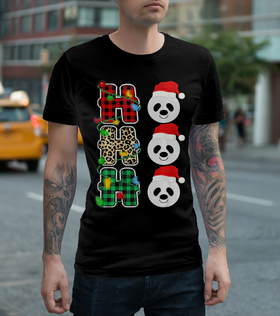 HO HO HO Christmas Panda Santa Hat Plaid Leopard Lights T-Shirt