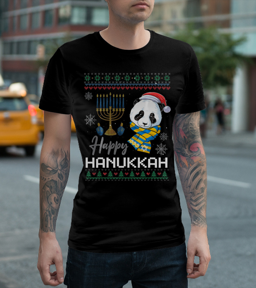 Happy Hanukkah Panda Ugly Sweater with Menorah and Santa Hat T-Shirt