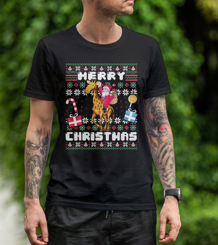 Merry Christmas Giraffe Santa Ugly T-Shirt