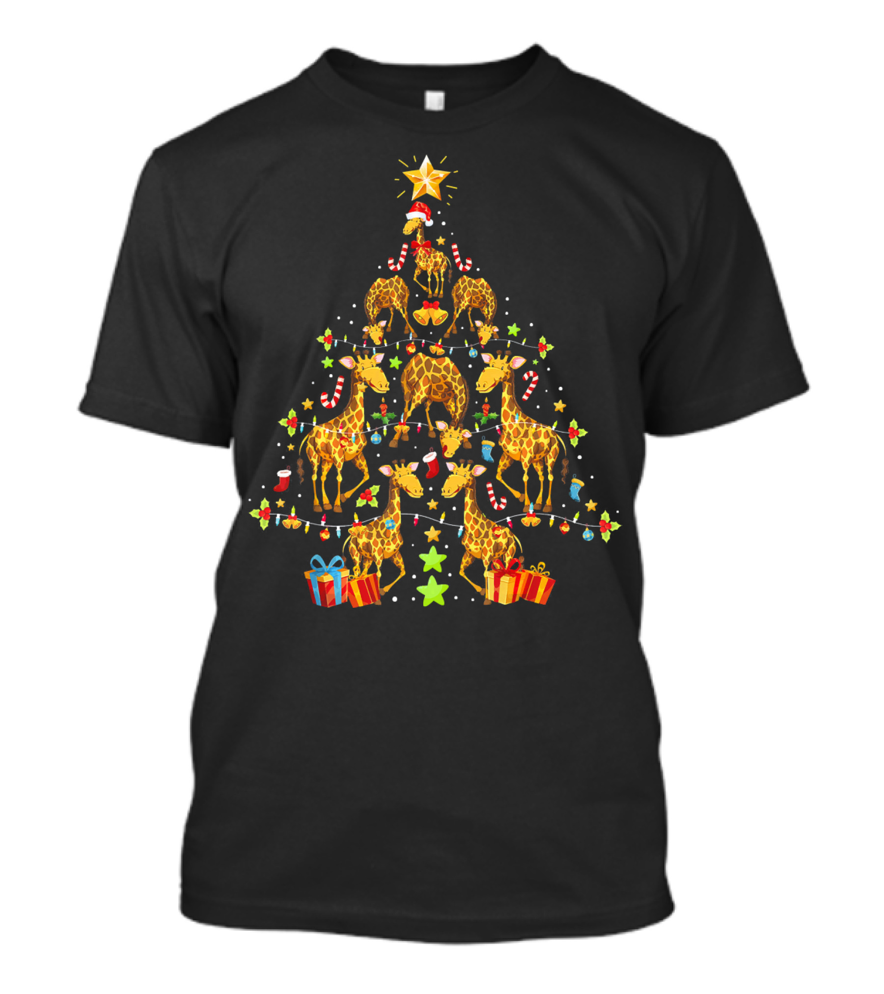 Giraffe Christmas Tree Lights With Presents And Stars T-Shirt