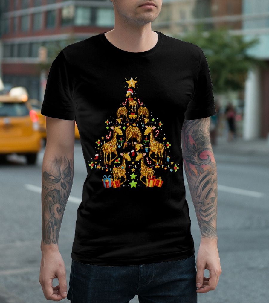Giraffe Christmas Tree Lights With Presents And Stars T-Shirt