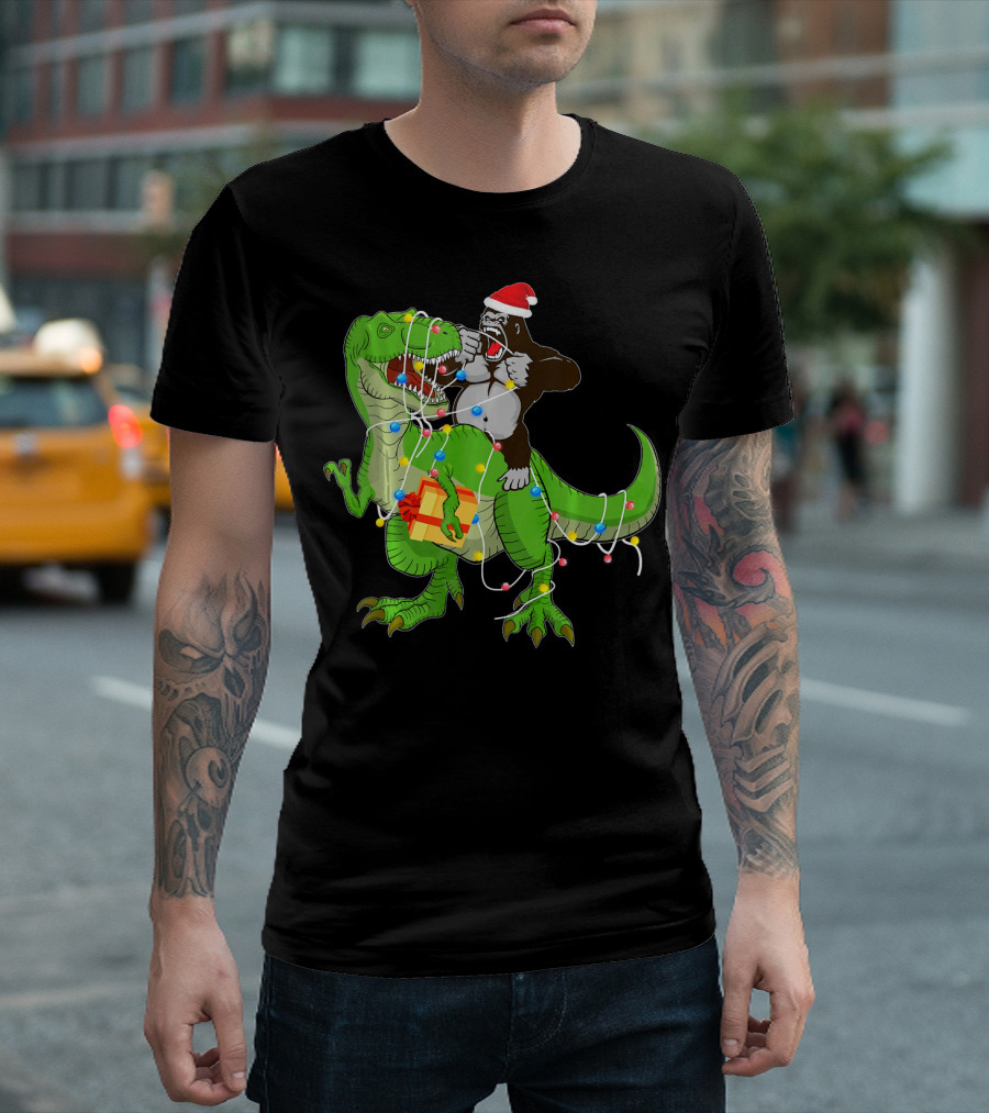 Gorilla Riding Dinosaur Rex Christmas Lights Santa Hat Present T-Shirt
