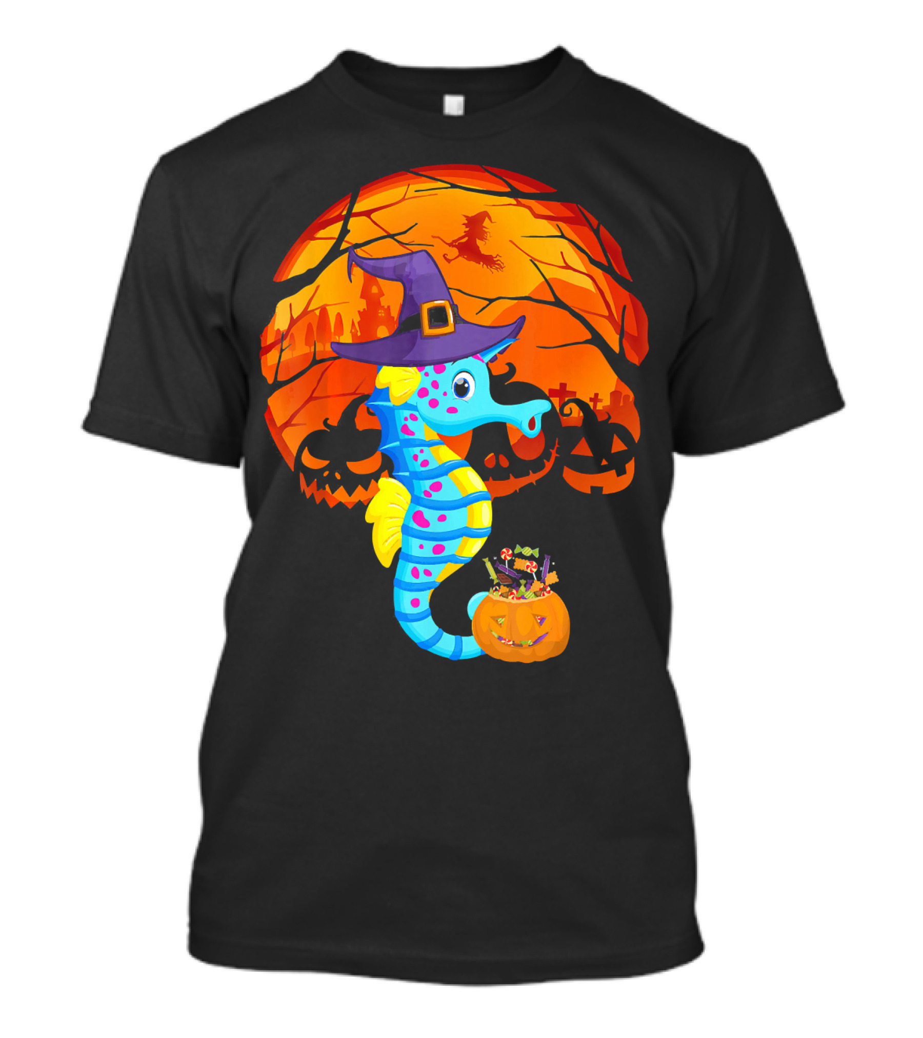 Halloween Seahorse Witch With Candy And Pumpkin In Front Of Full Moon And Jack-o'-Lanterns T-Shirt