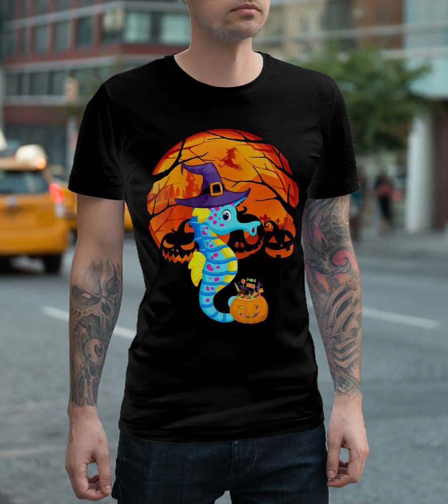 Halloween Seahorse Witch With Candy And Pumpkin In Front Of Full Moon And Jack-o'-Lanterns T-Shirt