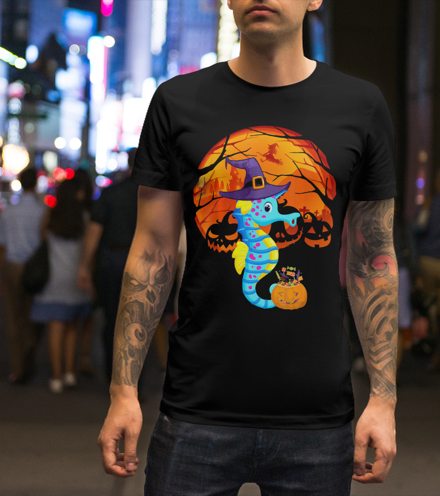 Halloween Seahorse Witch With Candy And Pumpkin In Front Of Full Moon And Jack-o'-Lanterns T-Shirt