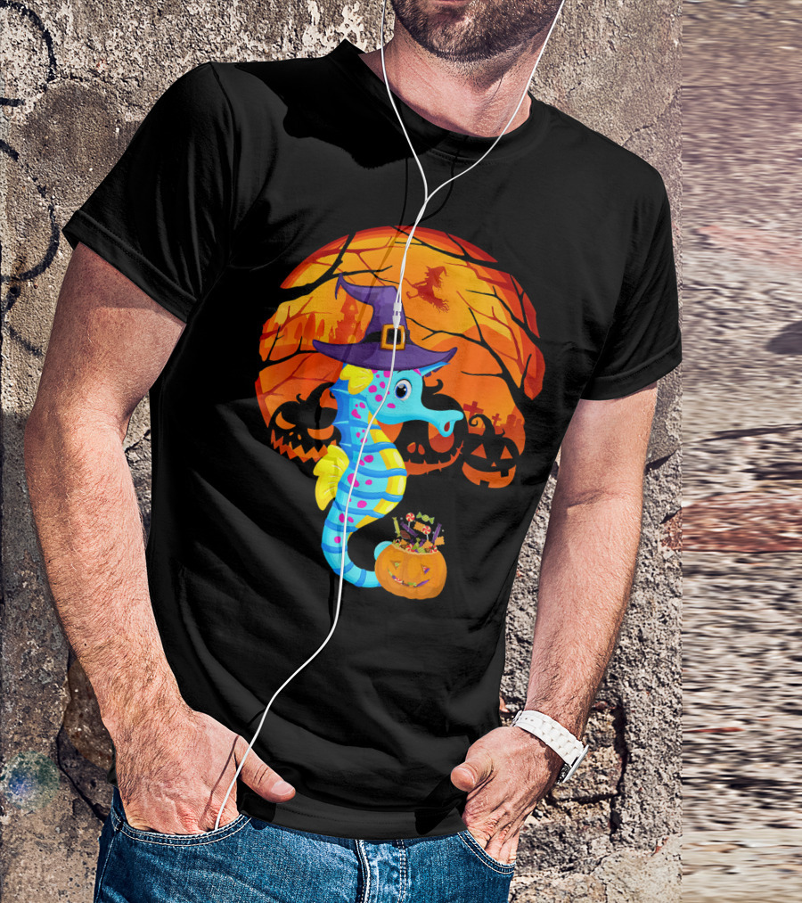 Halloween Seahorse Witch With Candy And Pumpkin In Front Of Full Moon And Jack-o'-Lanterns T-Shirt