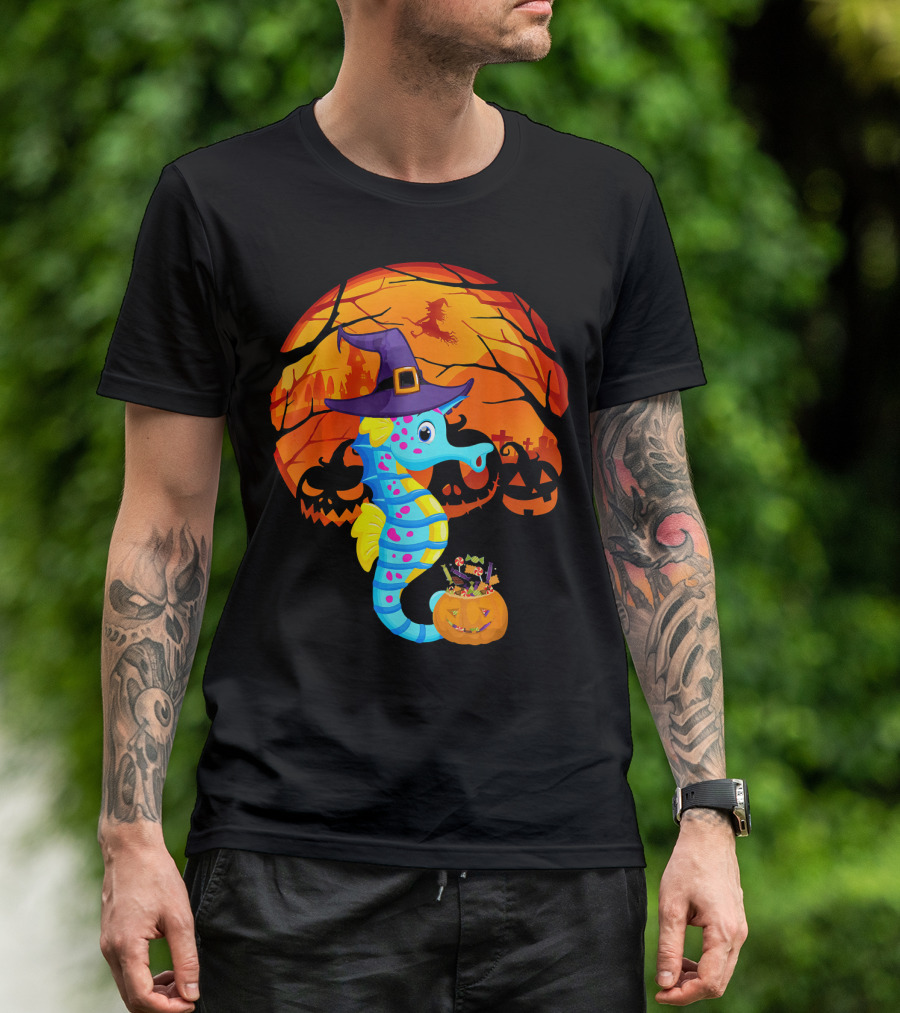 Halloween Seahorse Witch With Candy And Pumpkin In Front Of Full Moon And Jack-o'-Lanterns T-Shirt