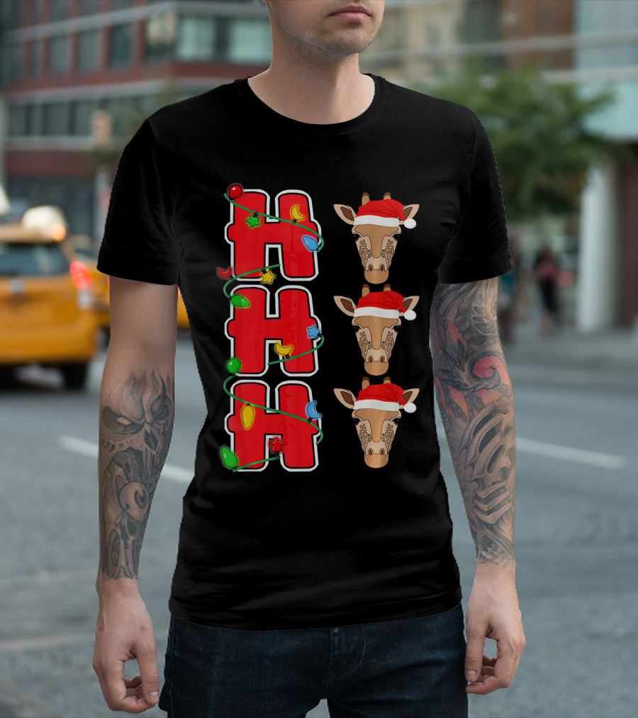 Ho Ho Ho Santa Giraffe Christmas Lights T-Shirt