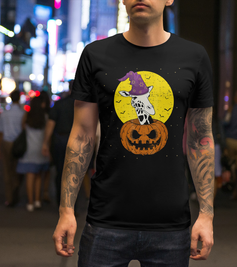 Halloween Giraffe In Pumpkin With Wizard Hat Under Full Moon T-Shirt