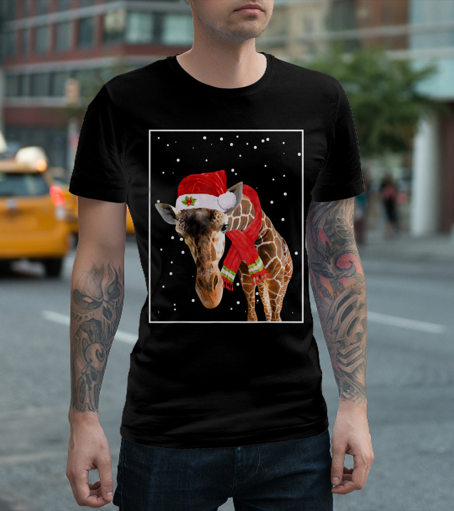 Giraffe in Santa Hat and Scarf with Snowflakes T-Shirt