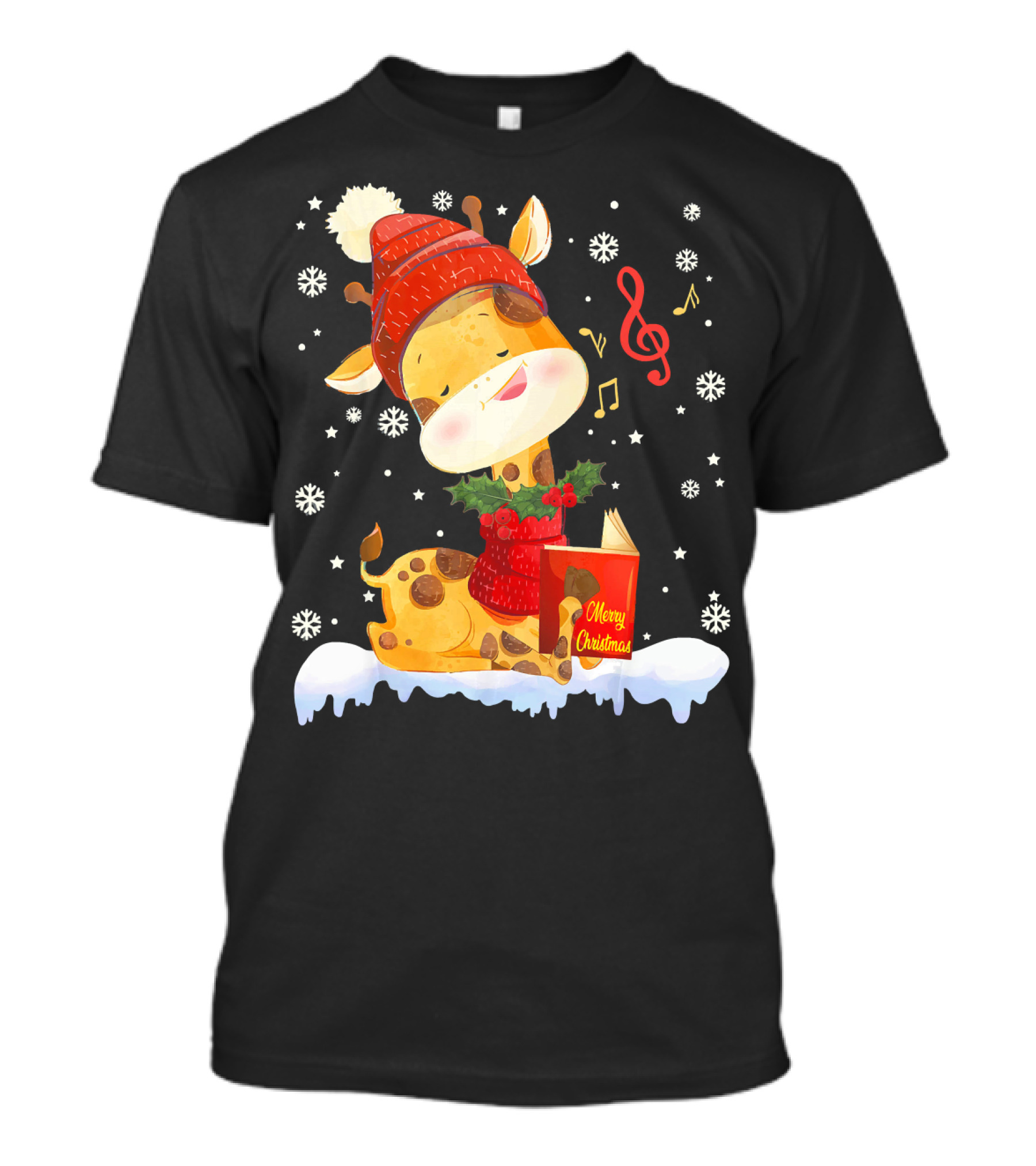 Merry Christmas Giraffe Santa Hat Music Snowflakes T-Shirt