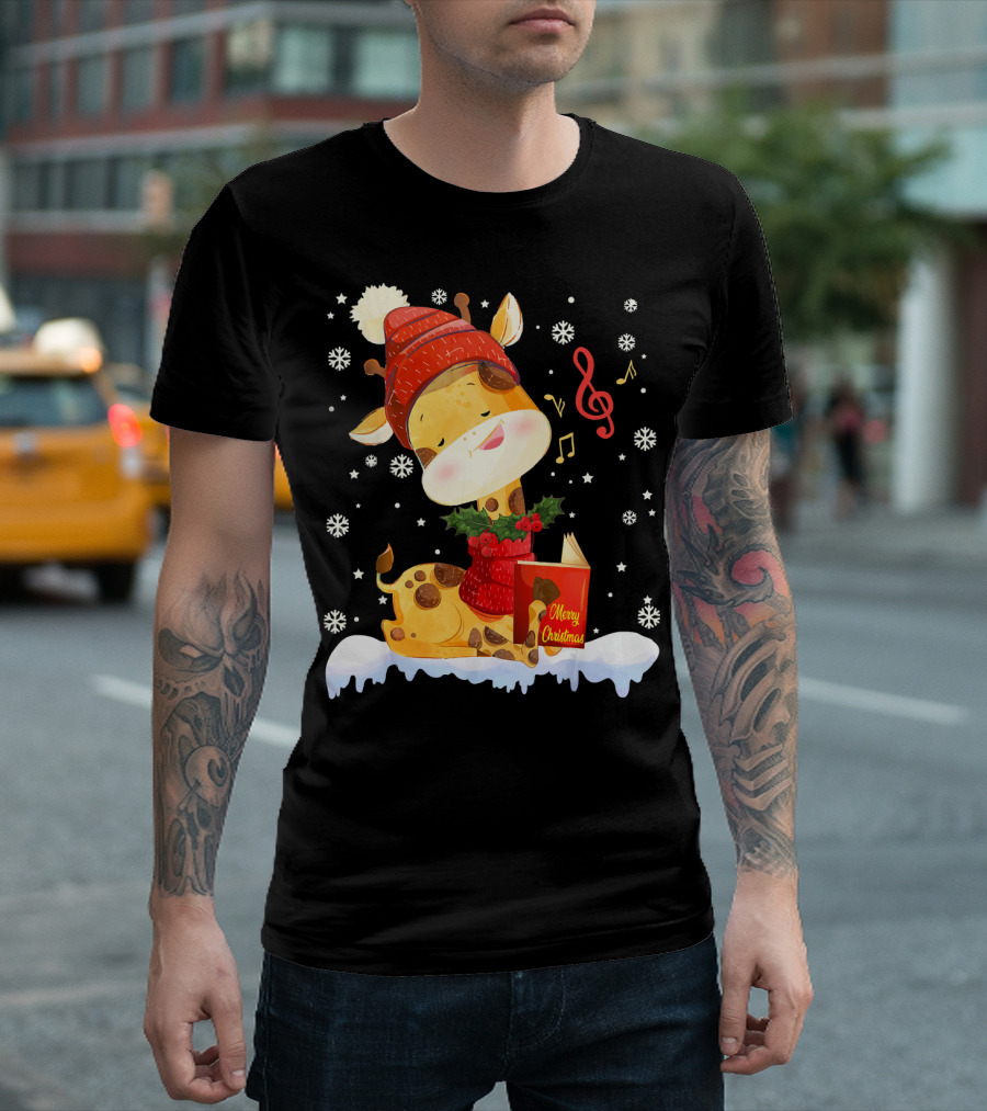 Merry Christmas Giraffe Santa Hat Music Snowflakes T-Shirt