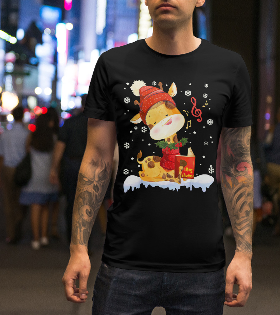 Merry Christmas Giraffe Santa Hat Music Snowflakes T-Shirt