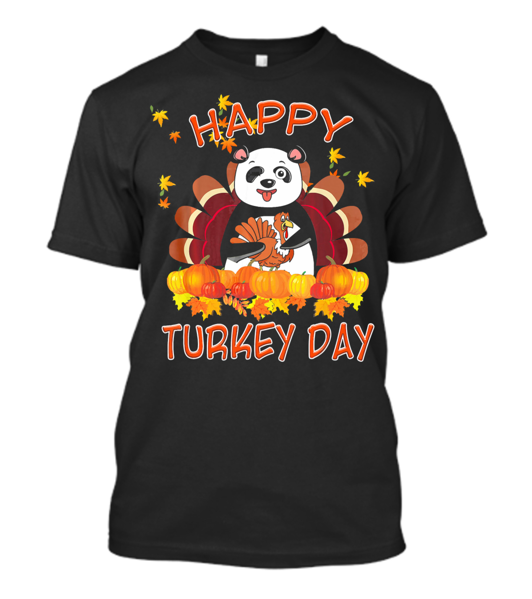 Happy Turkey Day Funny Panda With Turkey And Pumpkins T-Shirt