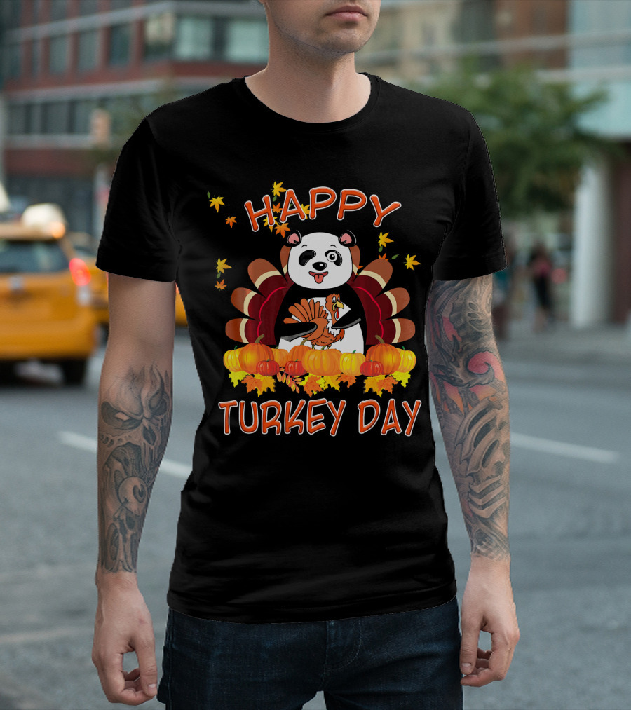 Happy Turkey Day Funny Panda With Turkey And Pumpkins T-Shirt