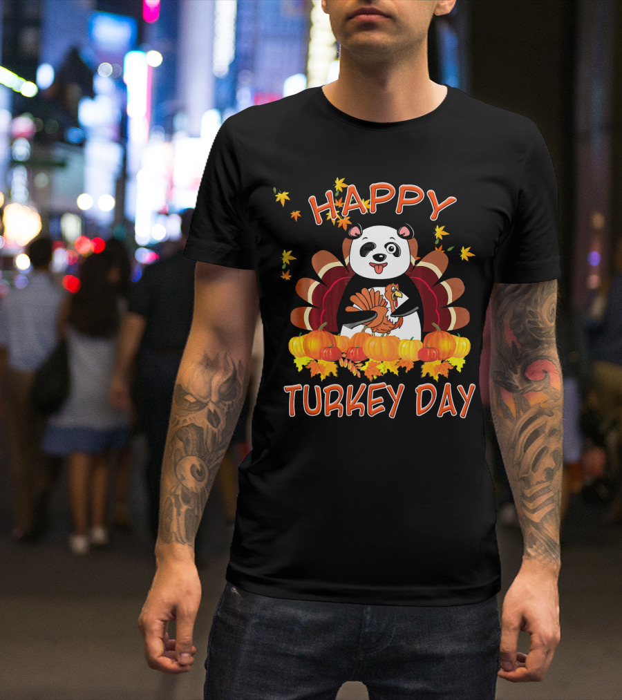 Happy Turkey Day Funny Panda With Turkey And Pumpkins T-Shirt