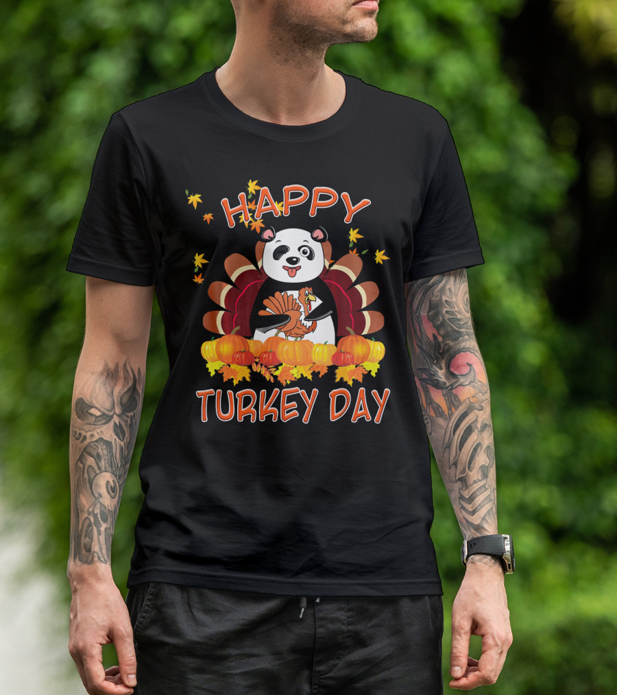 Happy Turkey Day Funny Panda With Turkey And Pumpkins T-Shirt