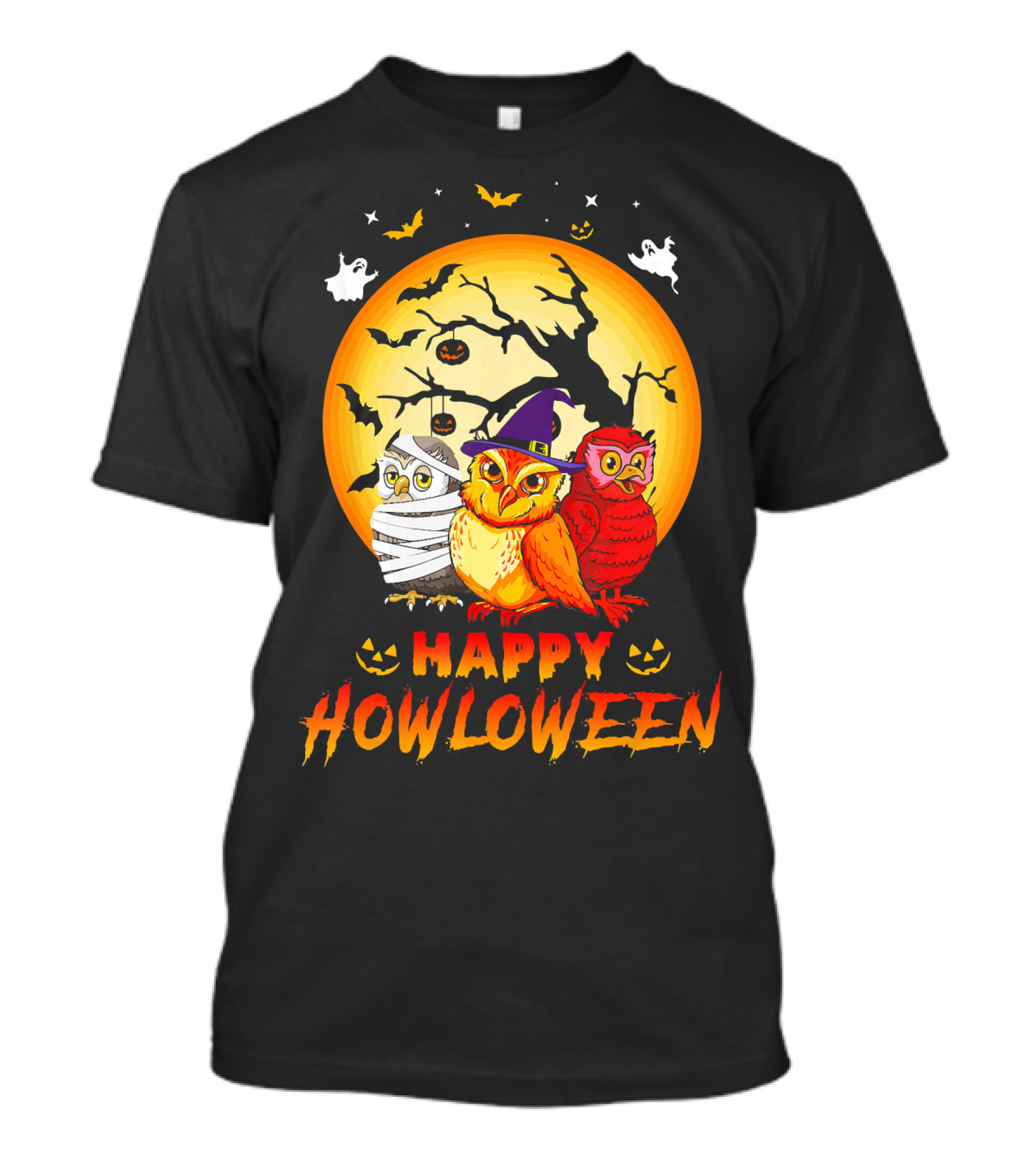Happy Howloween Three Owls In Halloween Costumes With Full Moon And Bats T-Shirt