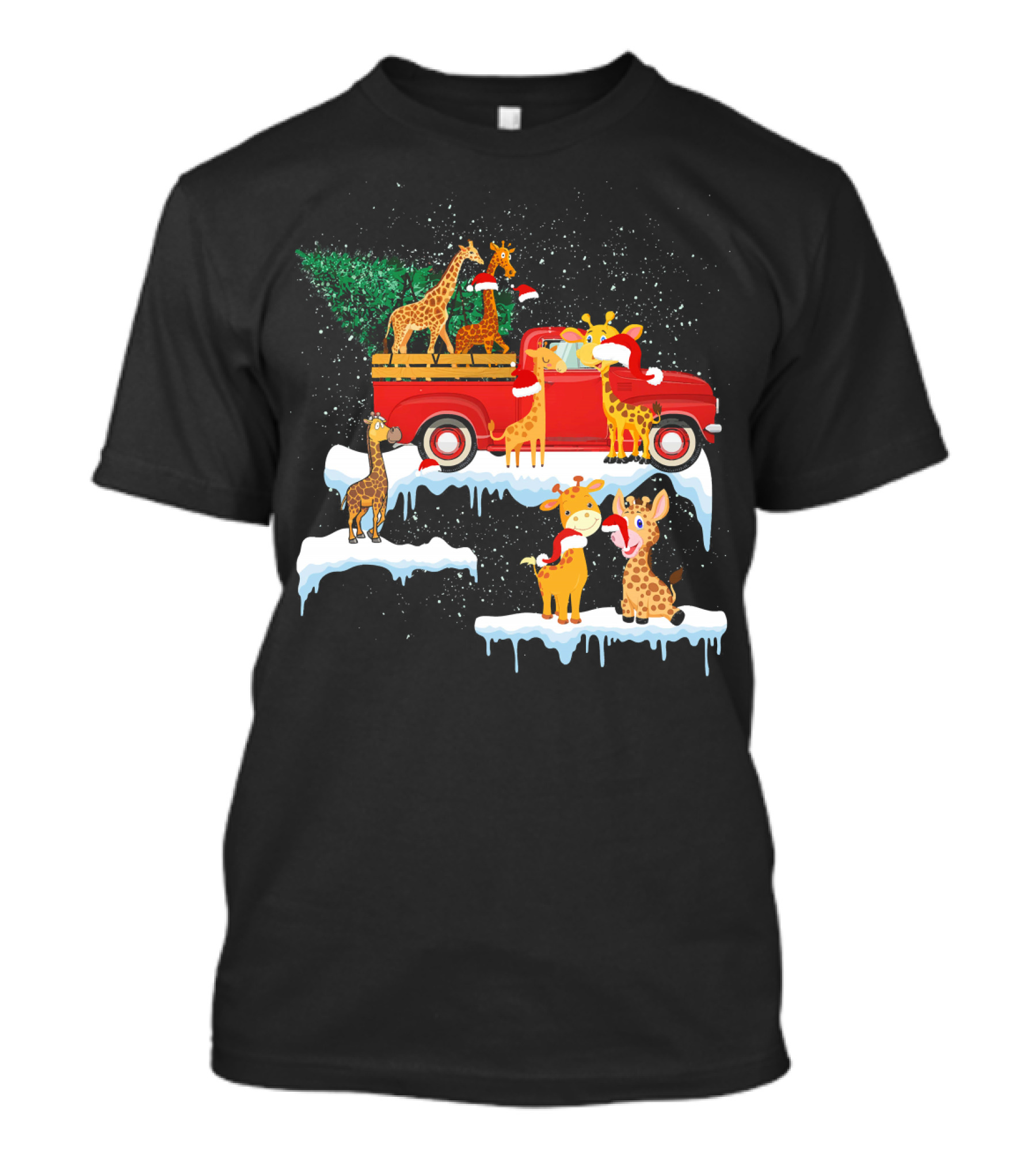Giraffe Family With Hats On Red Truck With Tree Merry Xmas T-Shirt