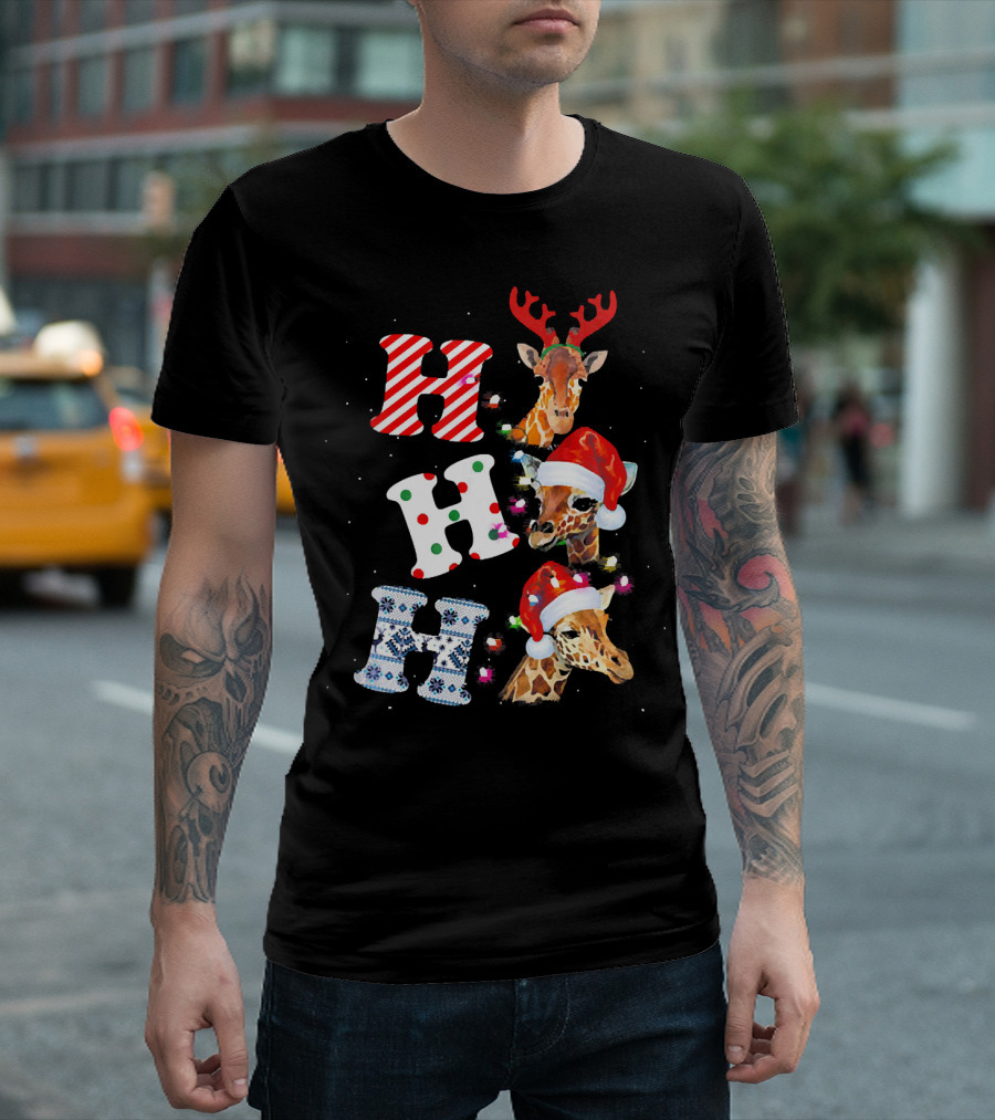 Ho Ho Ho Giraffes In Santa Hats Reindeer Antlers Holiday Cheer T-Shirt