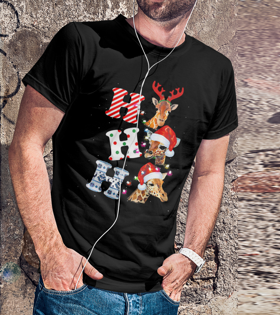 Ho Ho Ho Giraffes In Santa Hats Reindeer Antlers Holiday Cheer T-Shirt
