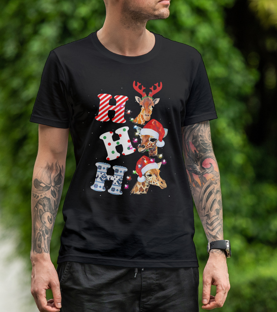 Ho Ho Ho Giraffes In Santa Hats Reindeer Antlers Holiday Cheer T-Shirt