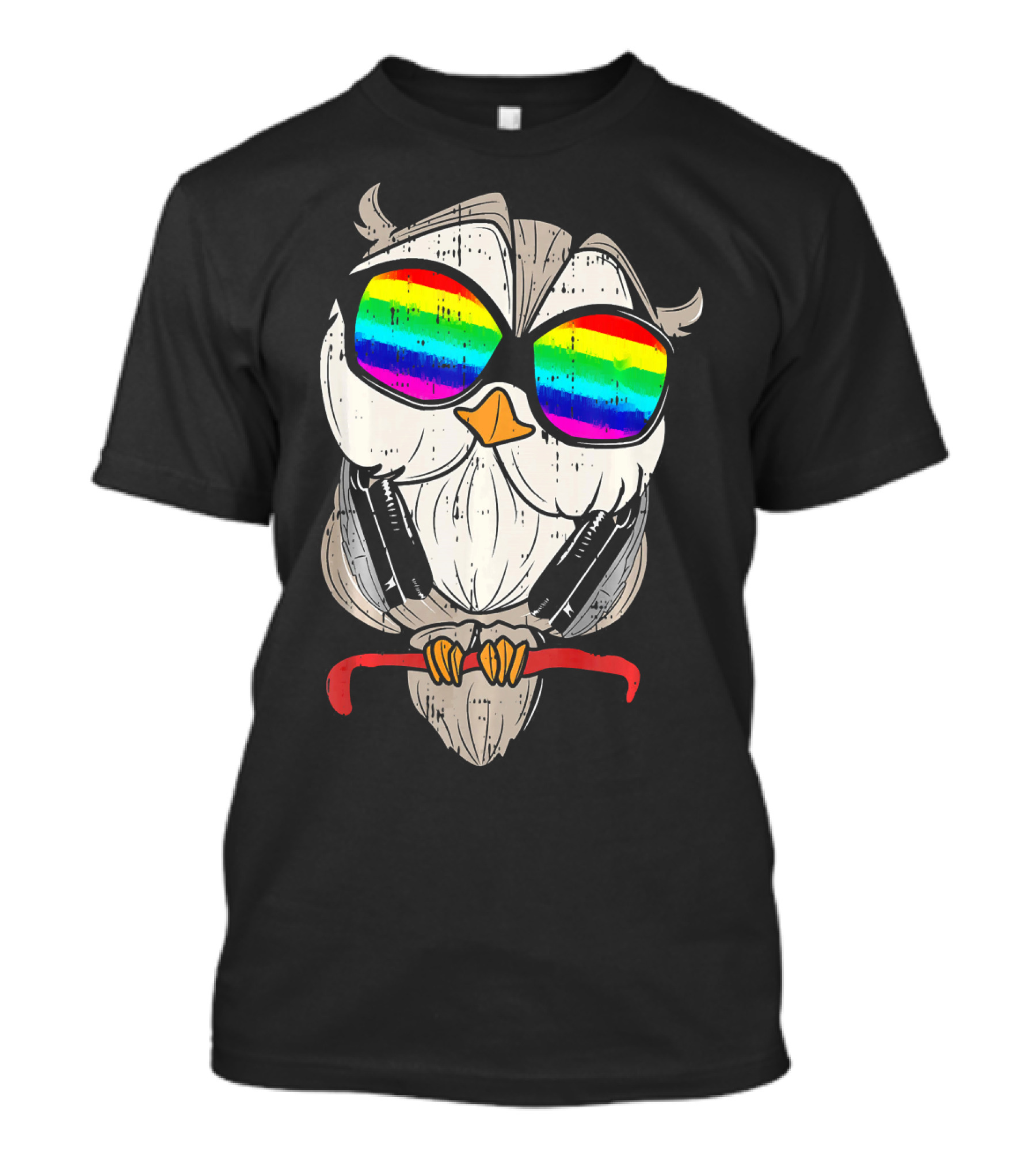 Headphones Owl Cute Music Animal Rainbow Sunglasses T-Shirt