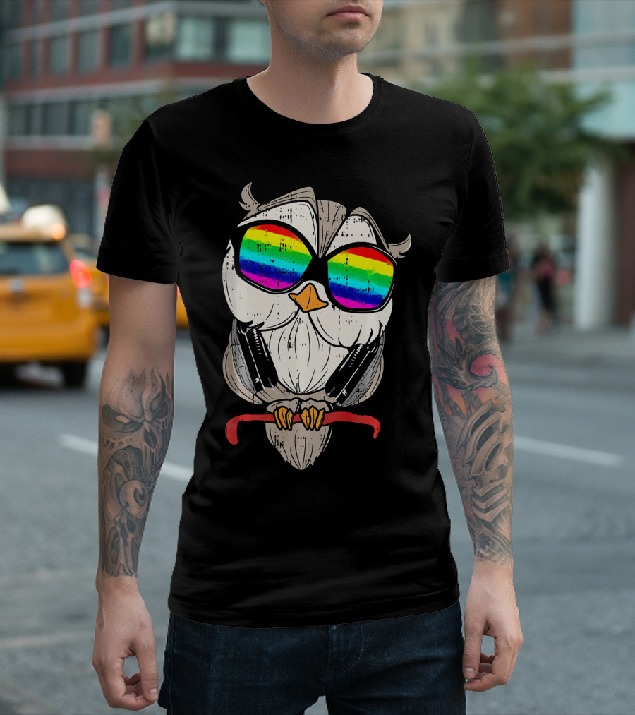 Headphones Owl Cute Music Animal Rainbow Sunglasses T-Shirt