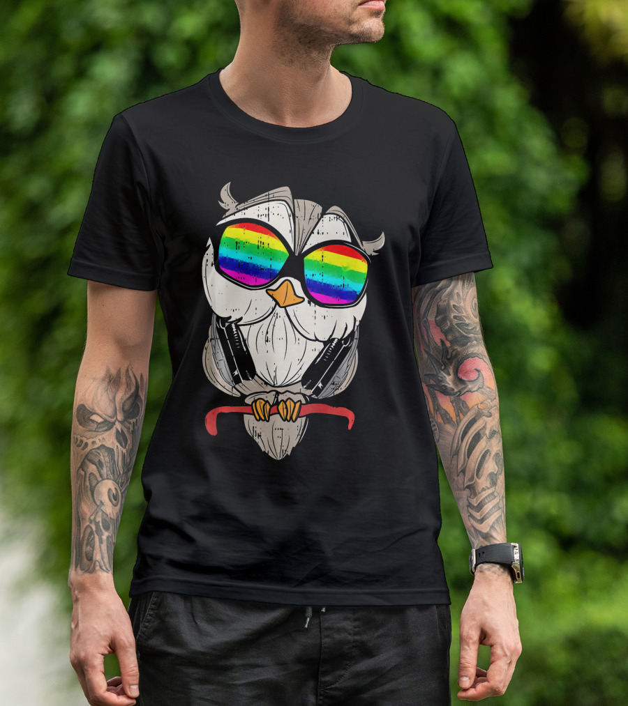 Headphones Owl Cute Music Animal Rainbow Sunglasses T-Shirt