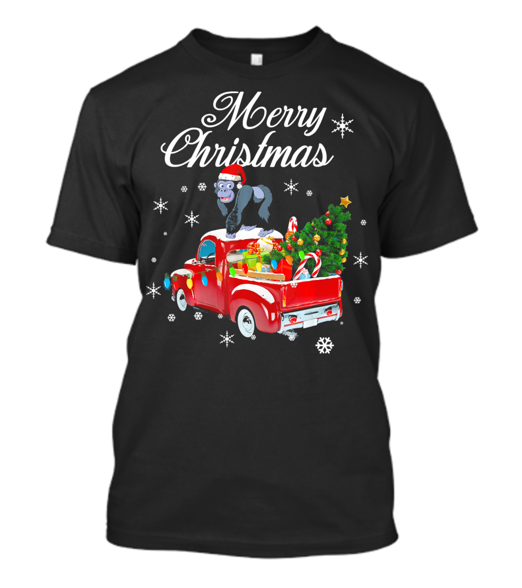 Merry Christmas Gorilla On Red Truck With Festive Decorations T-Shirt
