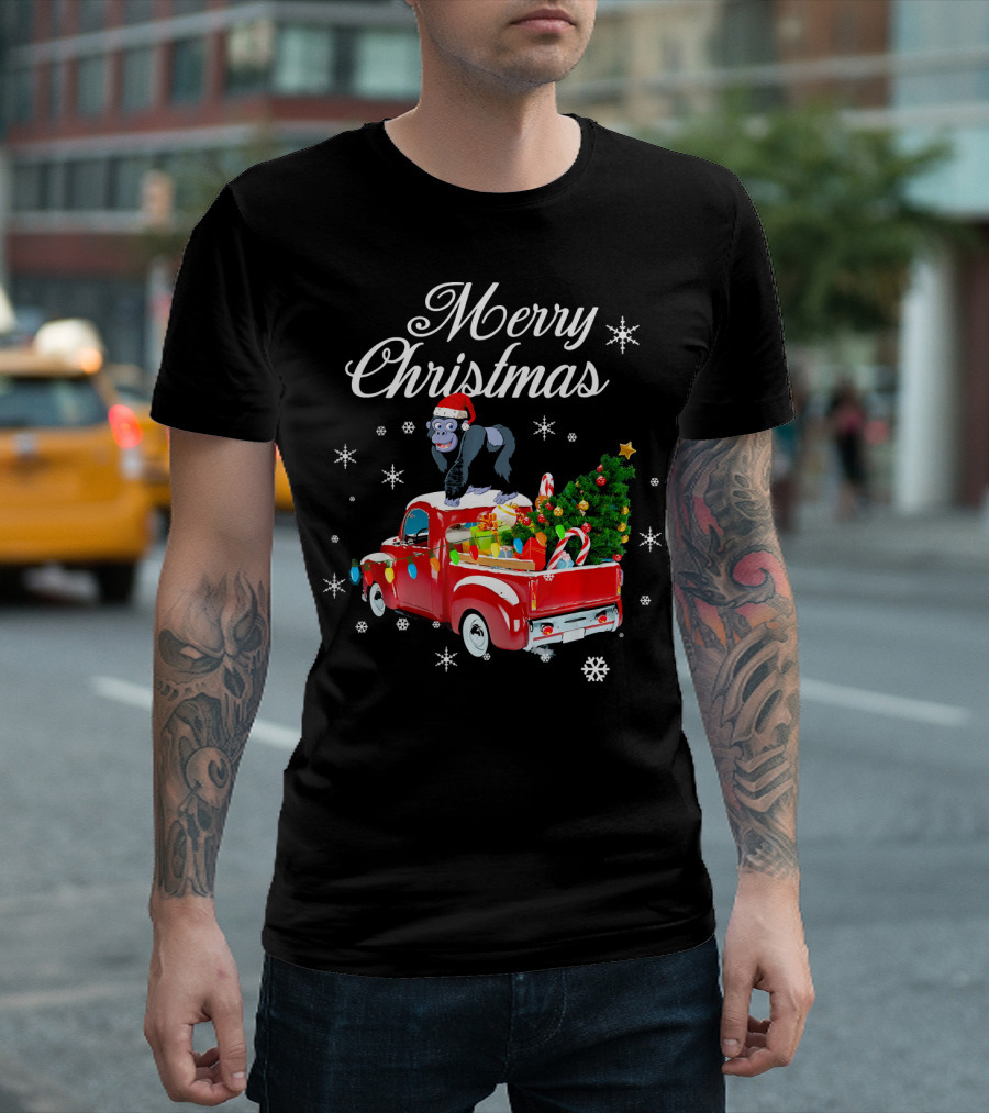Merry Christmas Gorilla On Red Truck With Festive Decorations T-Shirt