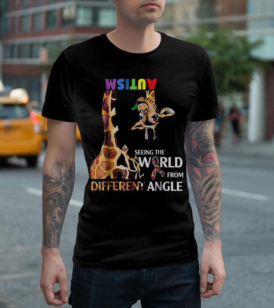 Autism Seeing The World From Different Angle Giraffe Rainbow T-Shirt