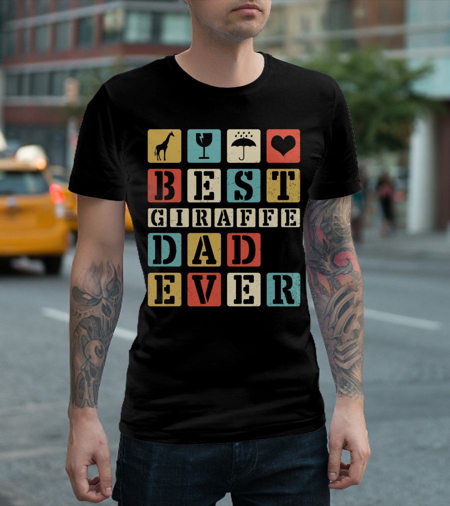 Best Giraffe Dad Ever Heart Umbrella Wine Glass Silhouettes Blocks T-Shirt