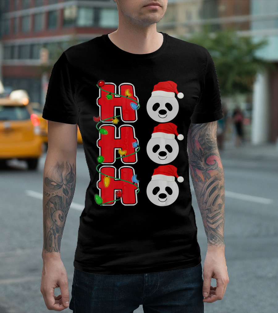 Santa Hat Panda Faces with Christmas Lights Ho Ho Ho T-Shirt