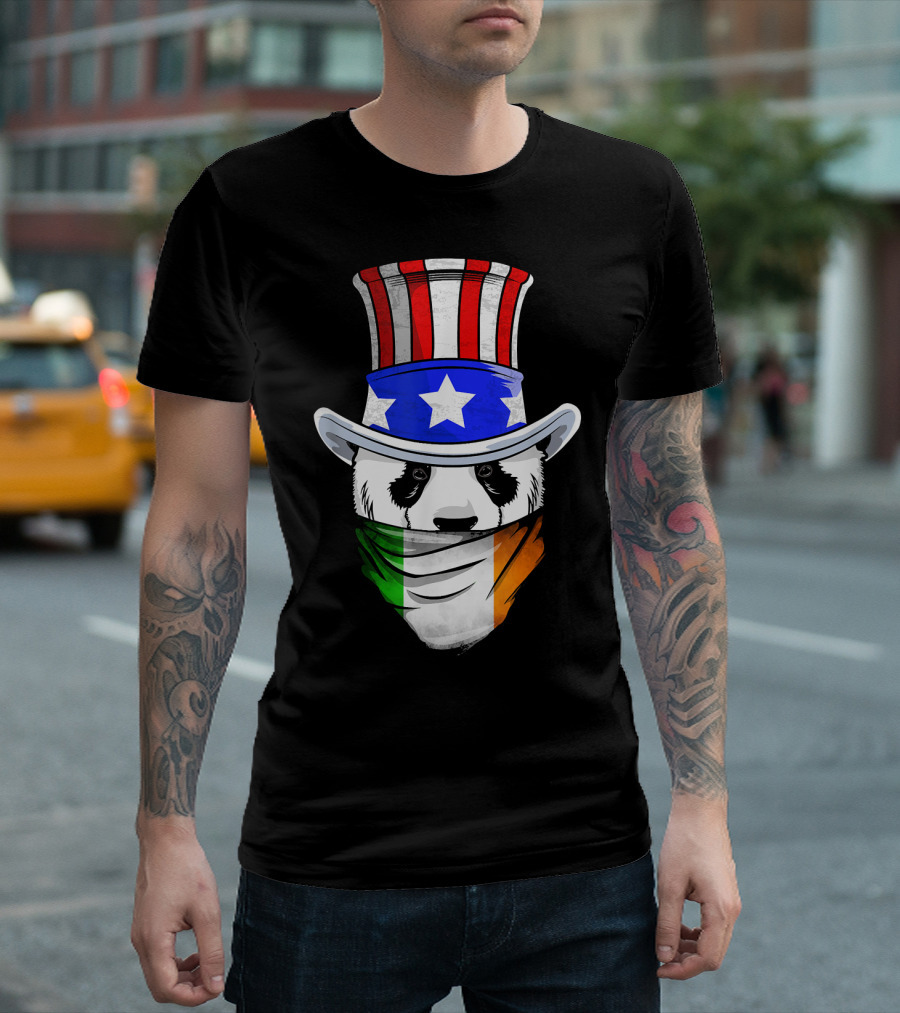 Irish Panda Bear Wearing Uncle Sam Hat Holding Ireland Bandana Flag T-Shirt