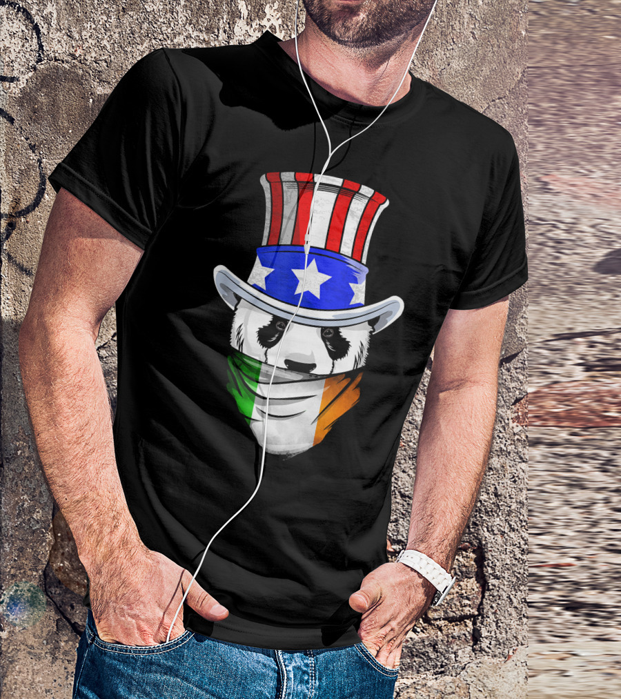 Irish Panda Bear Wearing Uncle Sam Hat Holding Ireland Bandana Flag T-Shirt