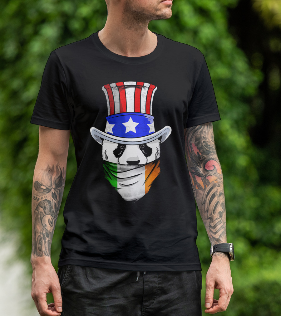 Irish Panda Bear Wearing Uncle Sam Hat Holding Ireland Bandana Flag T-Shirt