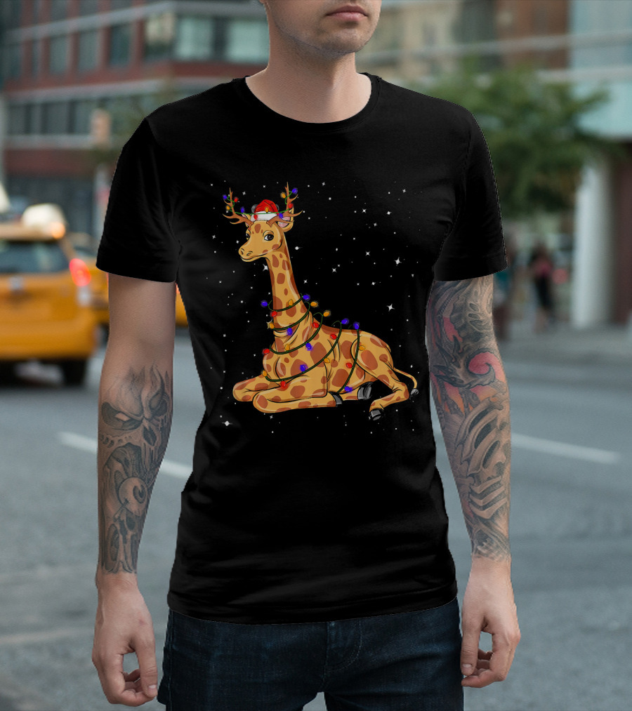 Giraffe Wrapped in Christmas Lights with Santa Hat and Antlers T-Shirt