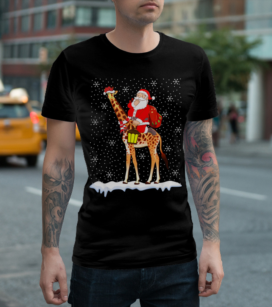 Santa Claus Riding Giraffe In Snow For Giraffe Lover T-Shirt