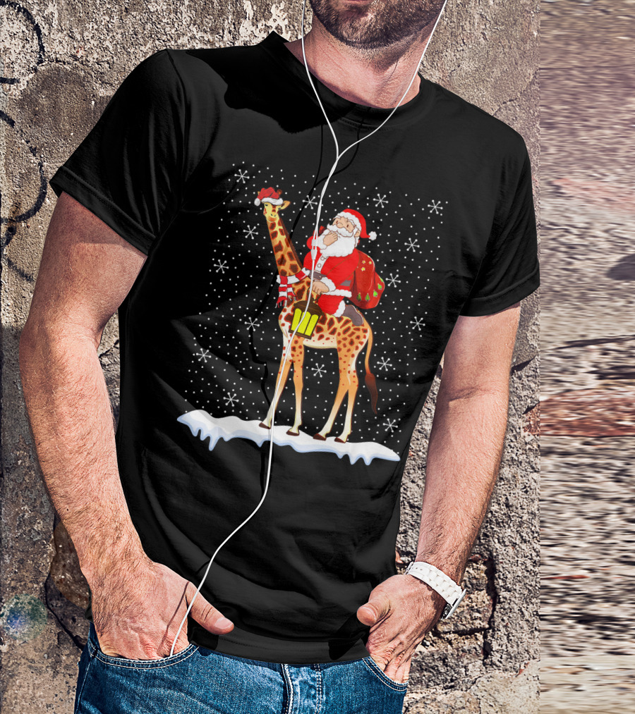 Santa Claus Riding Giraffe In Snow For Giraffe Lover T-Shirt
