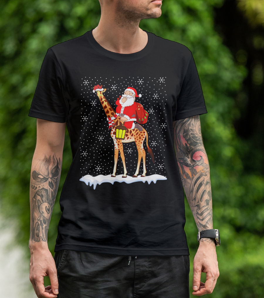 Santa Claus Riding Giraffe In Snow For Giraffe Lover T-Shirt