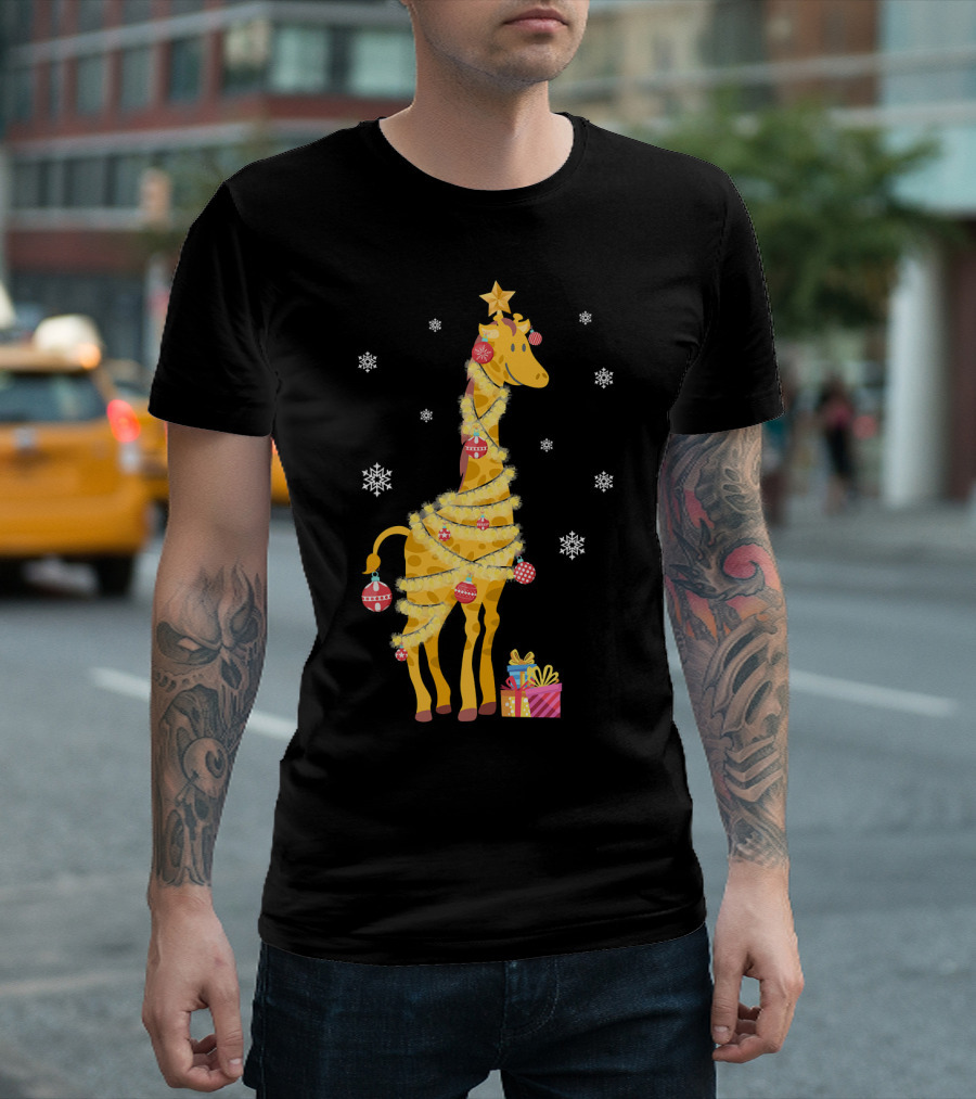 Giraffe Wrapped in Christmas Lights with Ornaments and Snowflakes T-Shirt