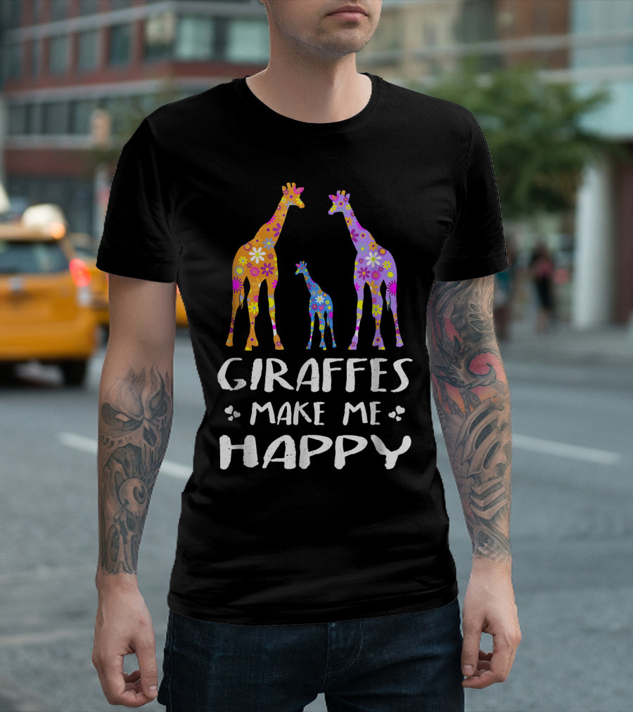 Giraffes Make Me Happy Colorful Floral T-Shirt