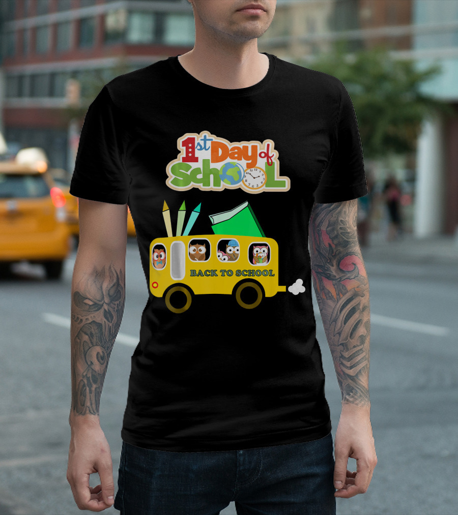 1st Day of School Back to School Owl on School Bus T-Shirt