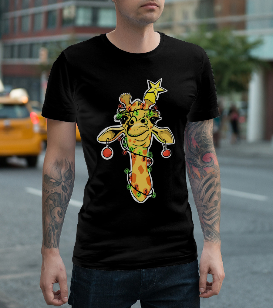 Giraffe Wrapped in Christmas Lights with Star and Ornaments T-Shirt