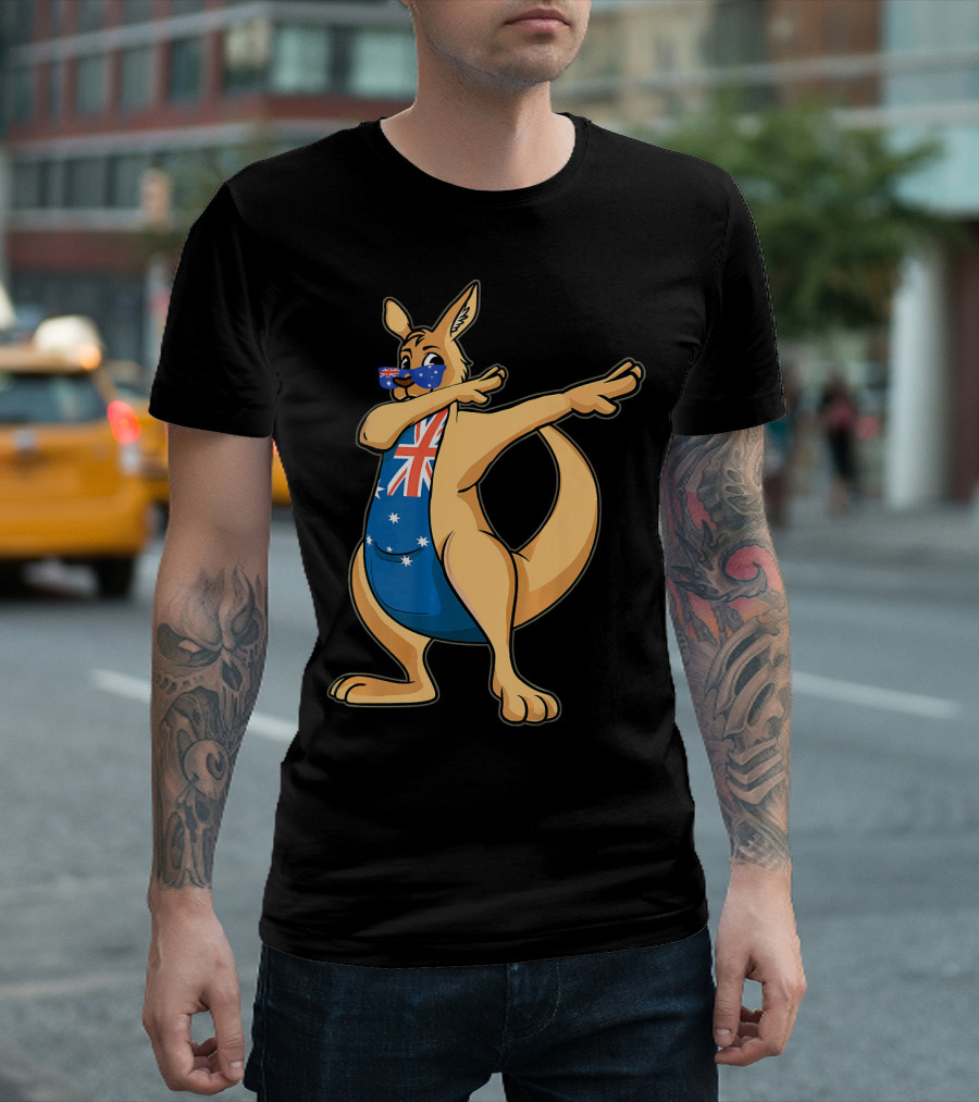 Happy Australia Day Funny Dabbing Kangaroo with Aussie Flag Glasses T-Shirt