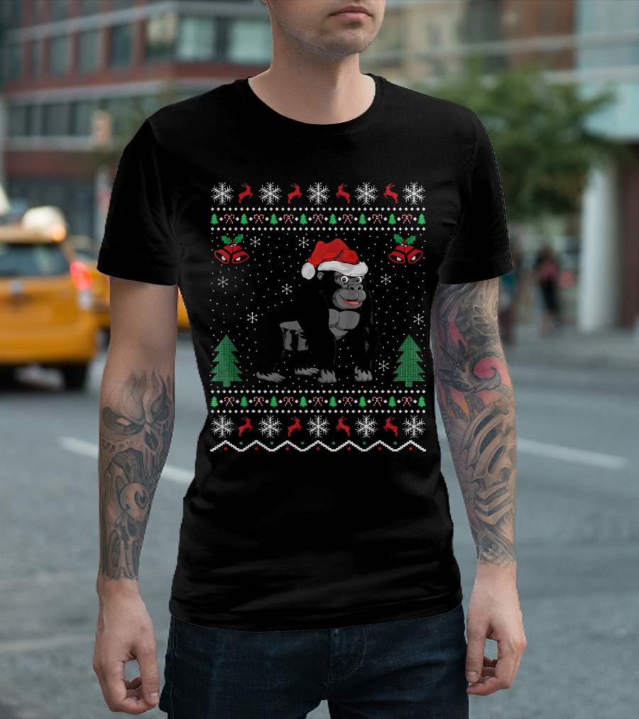 Gorillas Lover Xmas Ugly Gorilla Christmas Snowflakes Trees Reindeer Santa Hat T-Shirt