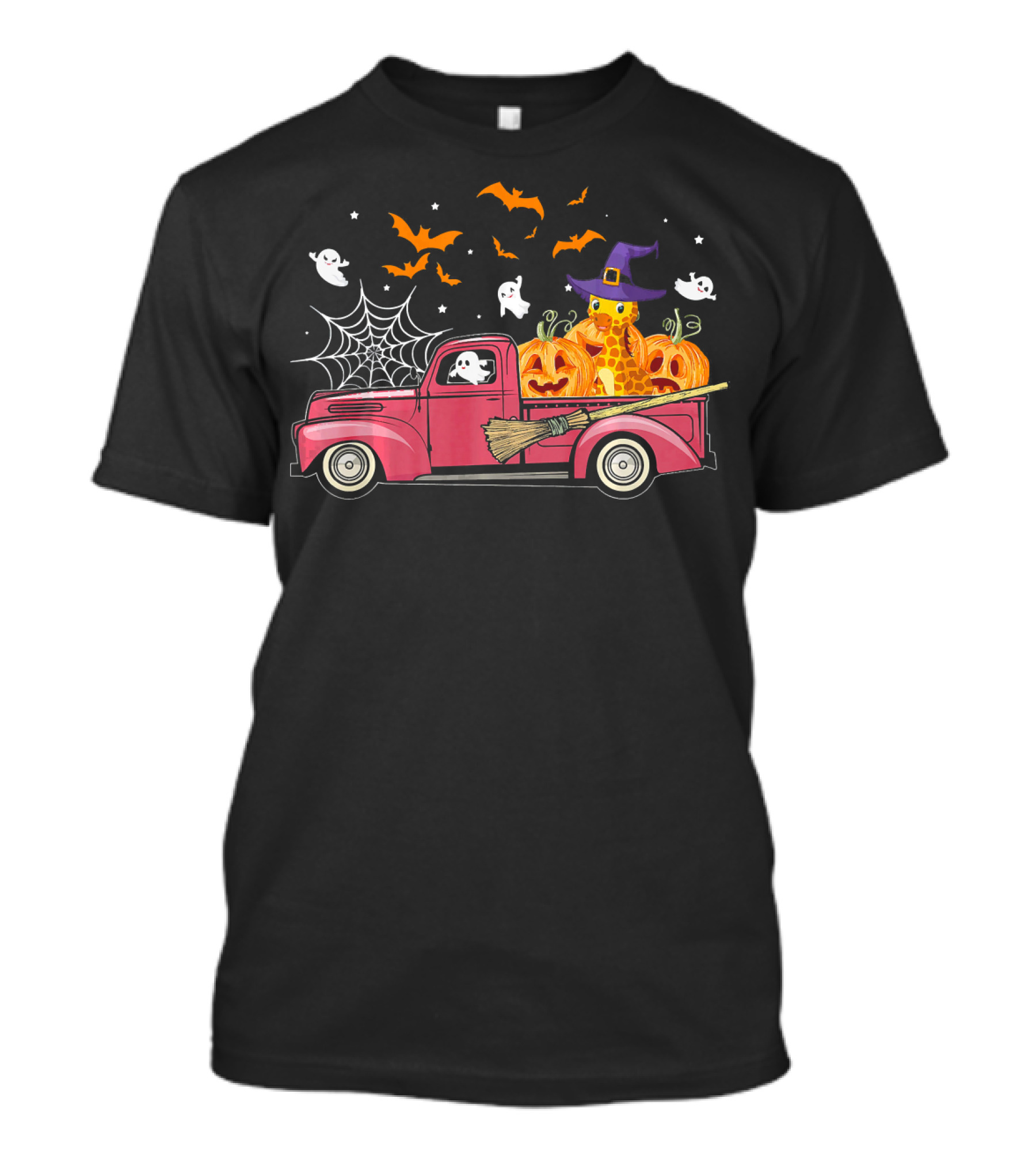 Giraffe Riding Red Truck With Pumpkins Witch Hat Ghosts And Bats Halloween Scene T-Shirt