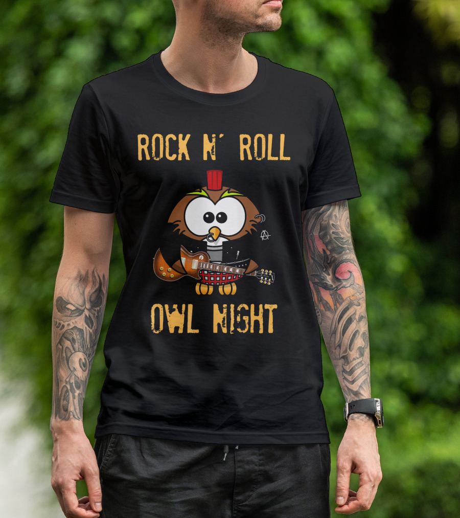 Rock N' Roll Owl Night With Guitar T-Shirt